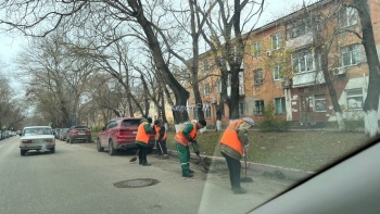 Новости » Общество: На Кирова коммунальщики приступили к уборке опавшей листвы