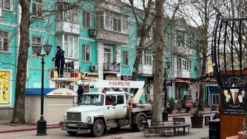 В Керчи улицу Ленина украсили светящимися снежинками и оленями